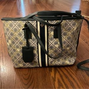 T MONOGRAM CANVAS FLORAL VINE TOP-ZIP TOTE